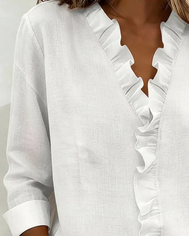 Yvonne | Blouse with Ruffles, V-Neck and Long Sleeves