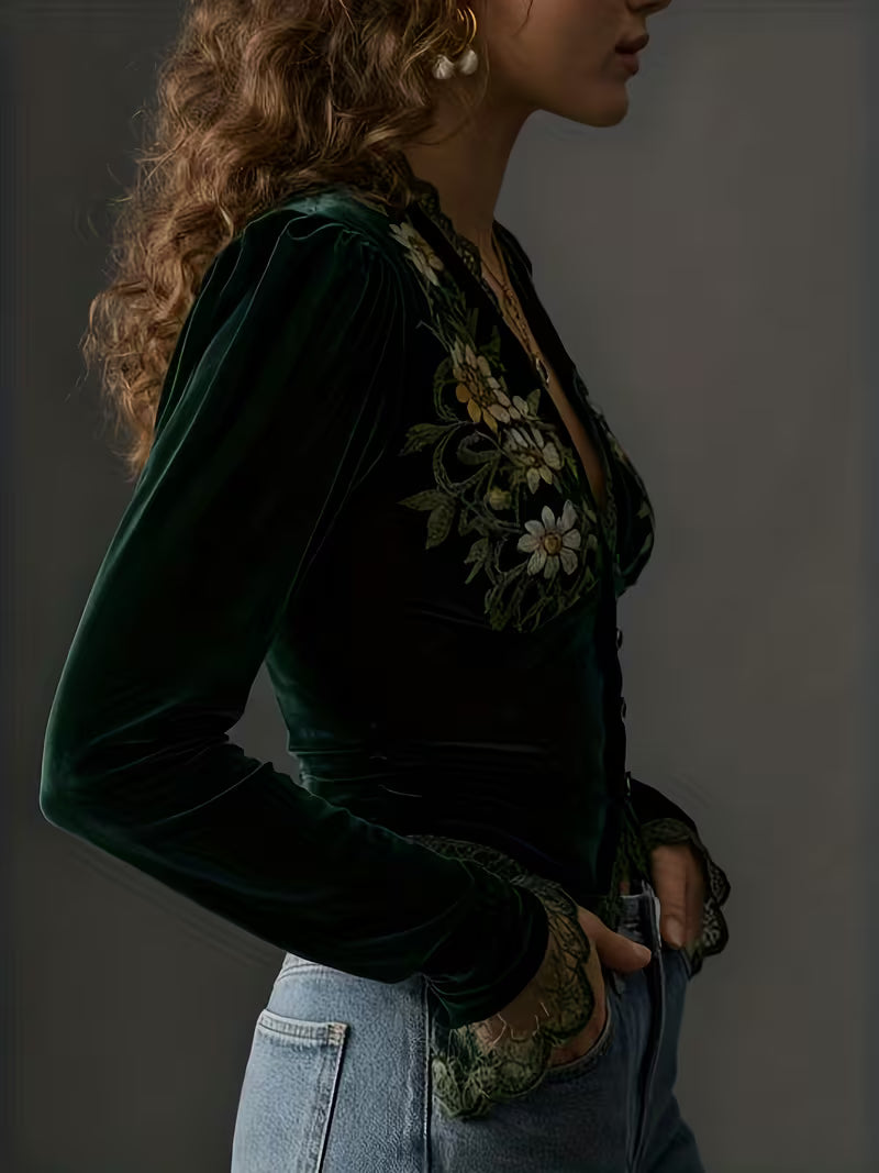 Nora  | Long-Sleeve Velvet Blouse with Embroidered Flowers